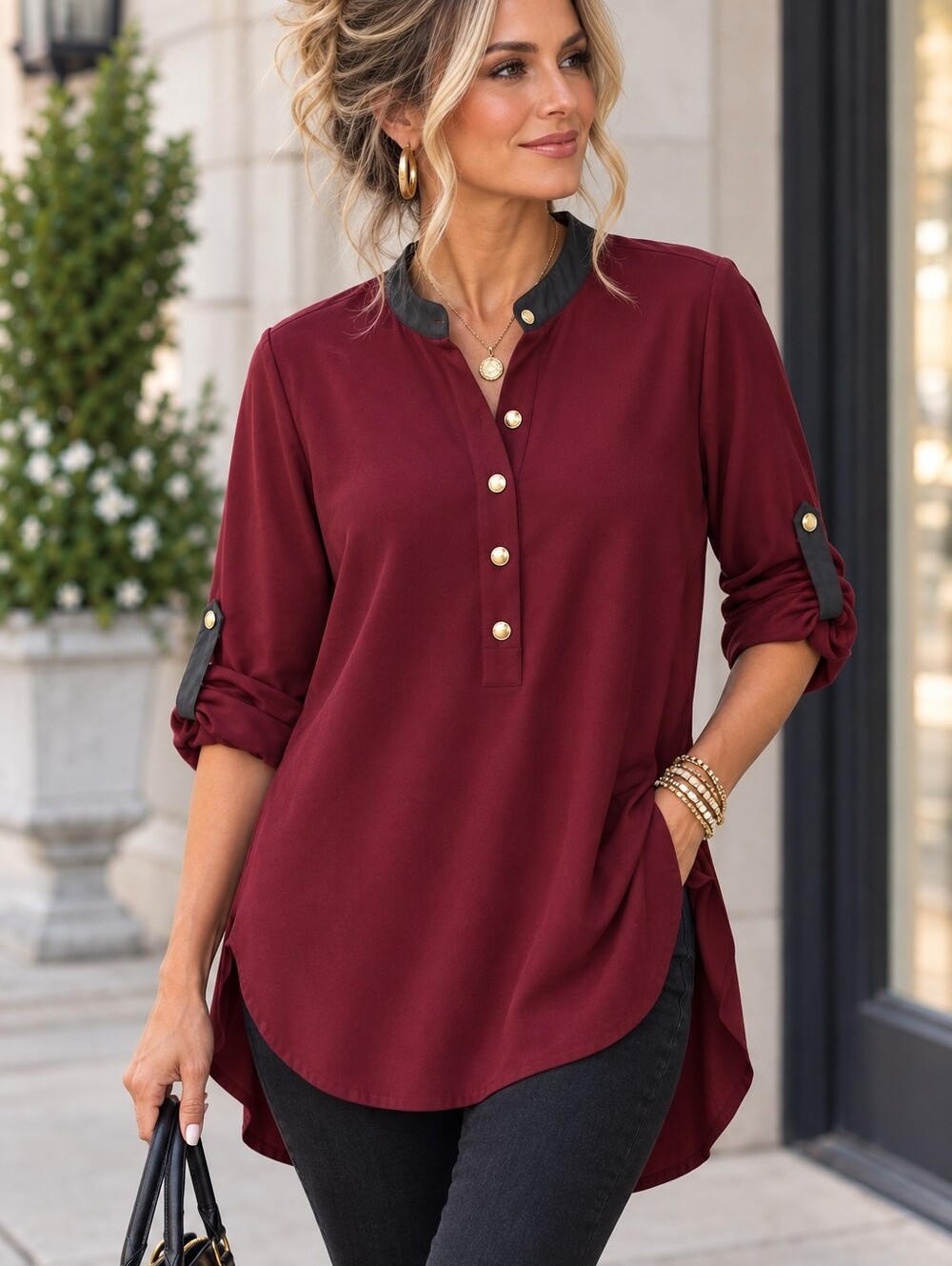 Calvin Klein Burgundy Button Front Tunic Blouse Longline Roll Tab Sleeve Size M